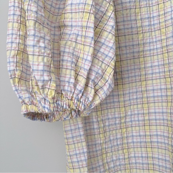 GANNI | Puff Sleeve V-Neck Plaid Check Seersucker Top - Picture 8 of 16